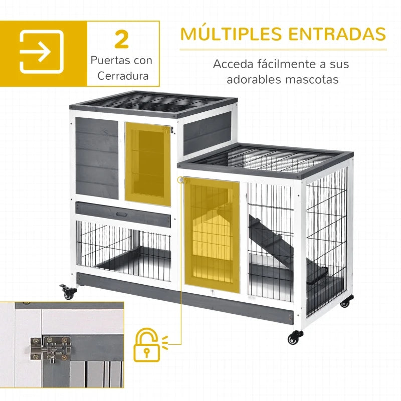 Wooden Indoor Rabbit Hutch Elevated Cage Habitat with Enclosed Run with Wheels Ideal for Rabbits and Guinea Pigs Grey and White