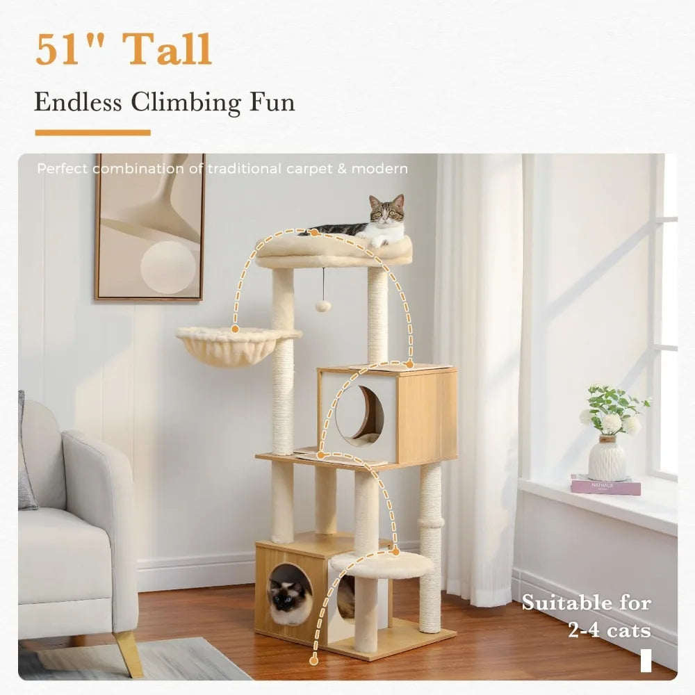 Large Cat Tree, 51 Inches Wooden Cat Tower with Double Condos, Large Perch,Soft Hammock