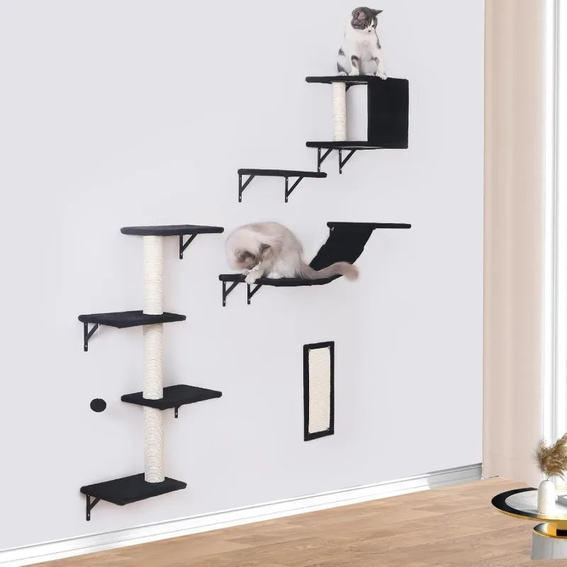 Modern Wall-Mounted Cat Furniture - 5pcs Cat Wall Shelves, Stable Wooden Cat Climber with House, Bridge, Tree, Steps