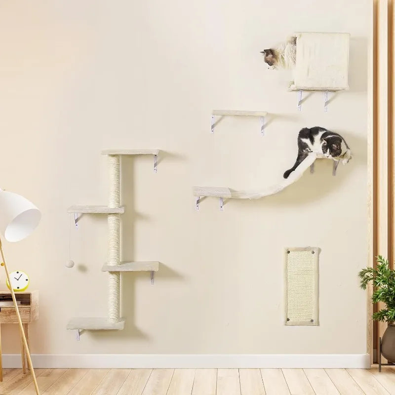 Modern Wall-Mounted Cat Furniture - 5pcs Cat Wall Shelves, Stable Wooden Cat Climber with House, Bridge, Tree, Steps