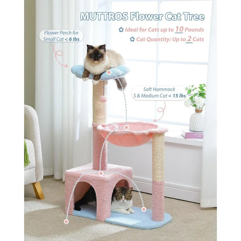 Hammock, 35" Cute Small Cat Tower with Sisal Scratching Posts, Pink Top Perch for Kittens