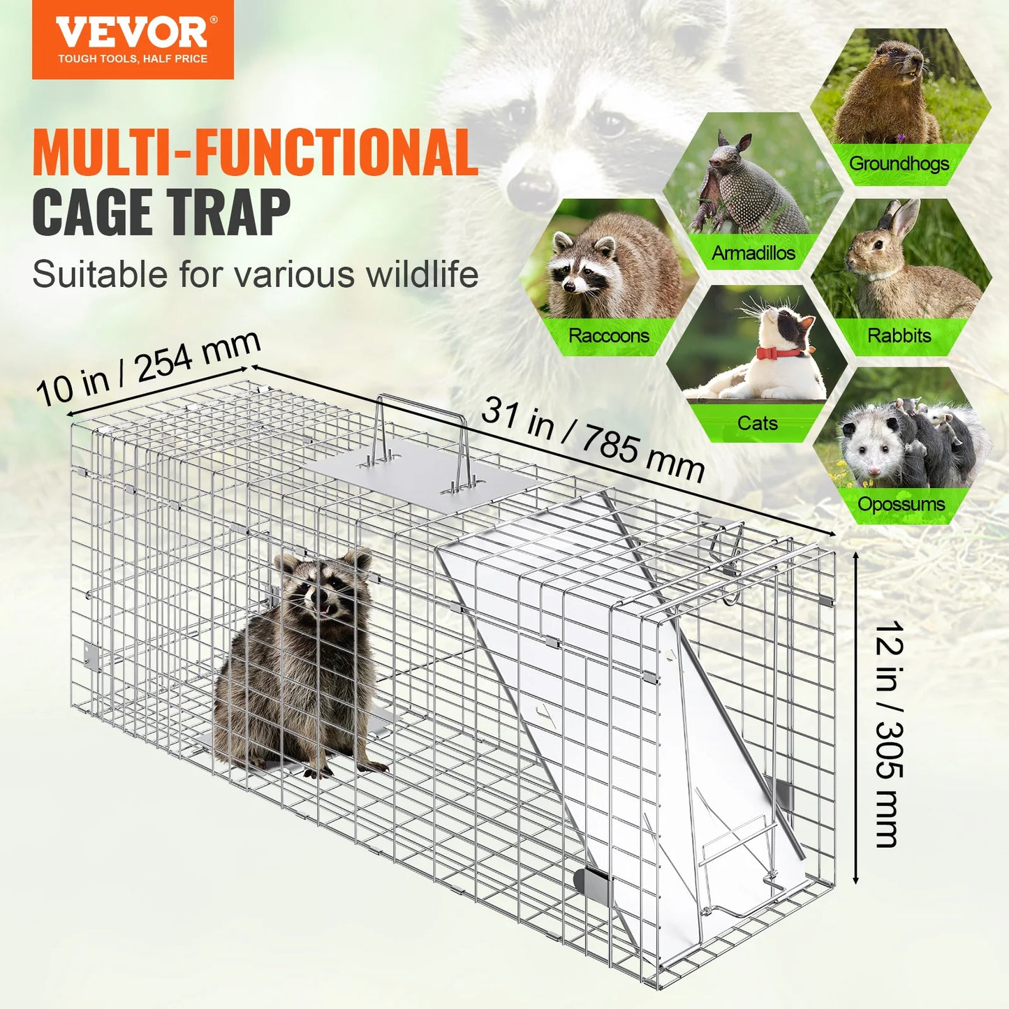 VEVOR 24/31/42/50in Live Animal Cage Trap Folding Humane Cat Trap Galvanized Iron with Handle for Rabbits Squirrels Groundhogs