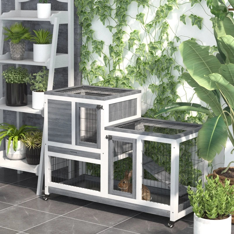 Wooden Indoor Rabbit Hutch Elevated Cage Habitat with Enclosed Run with Wheels Ideal for Rabbits and Guinea Pigs Grey and White