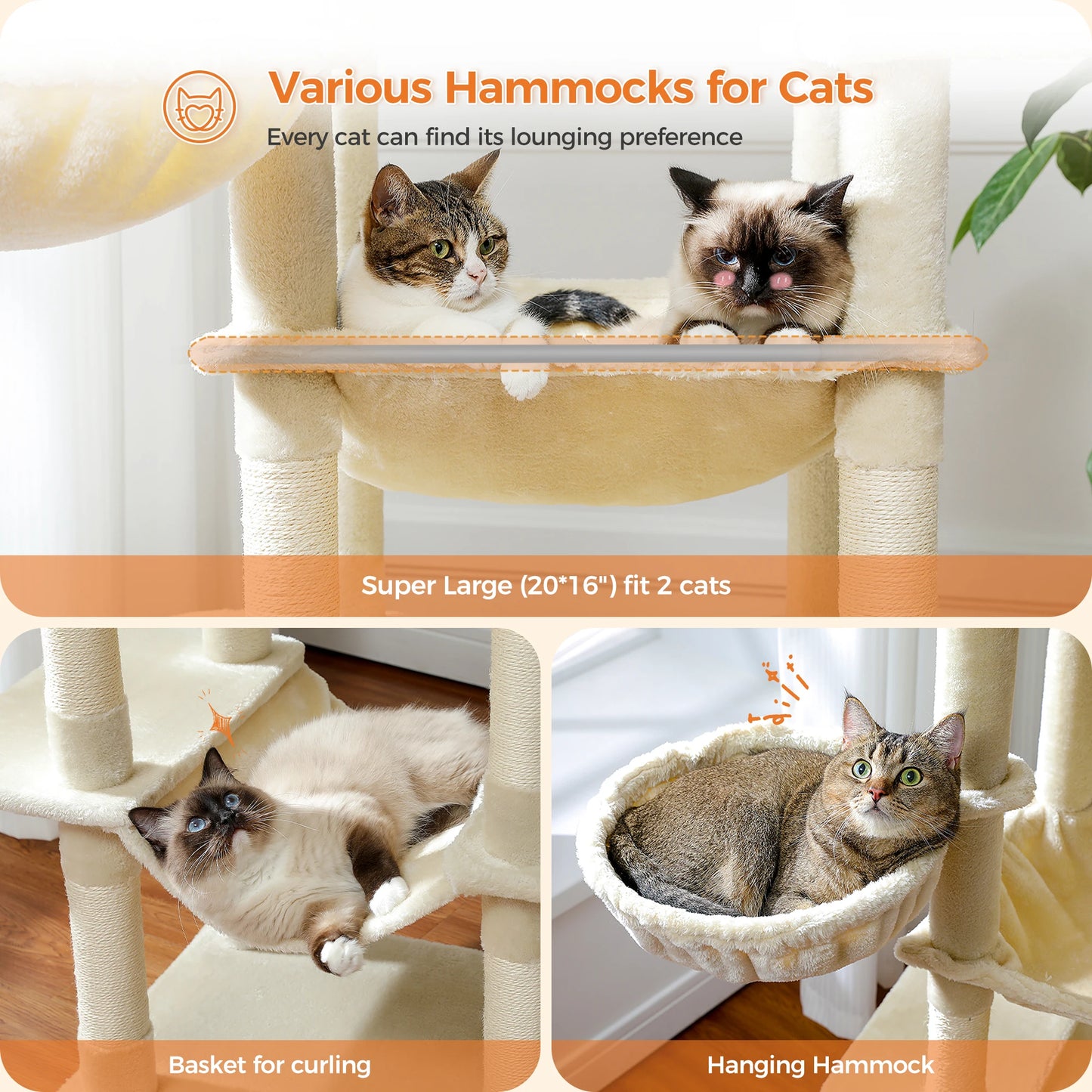 Large Multi-Level Cat Tree Tower with Scratching Posts, cozy Hammock, Condo House,