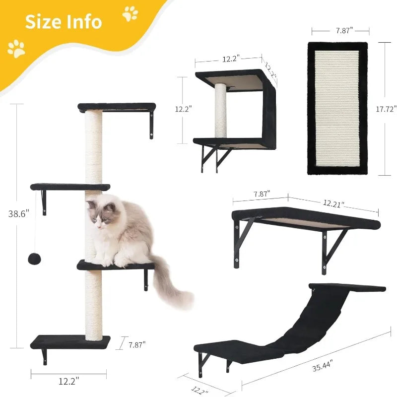 Modern Wall-Mounted Cat Furniture - 5pcs Cat Wall Shelves, Stable Wooden Cat Climber with House, Bridge, Tree, Steps