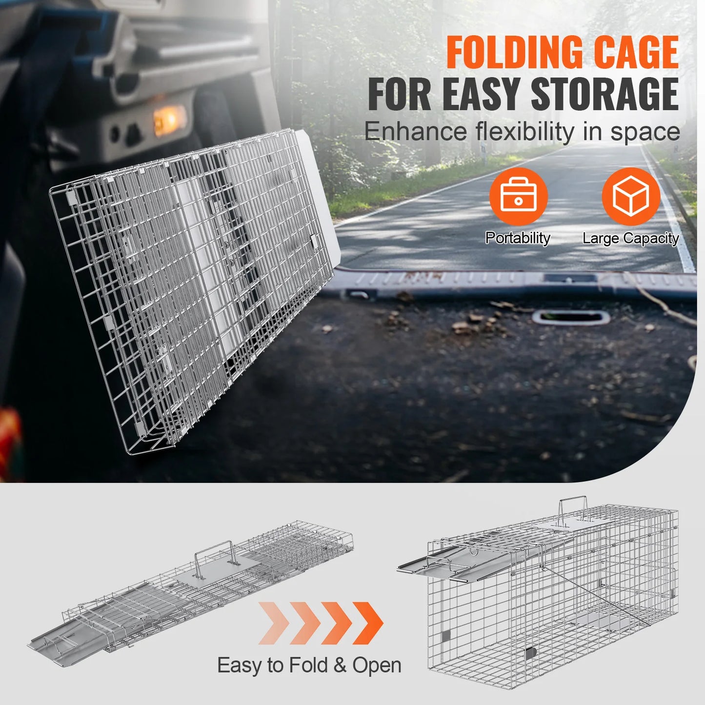 VEVOR 24/31/42/50in Live Animal Cage Trap Folding Humane Cat Trap Galvanized Iron with Handle for Rabbits Squirrels Groundhogs