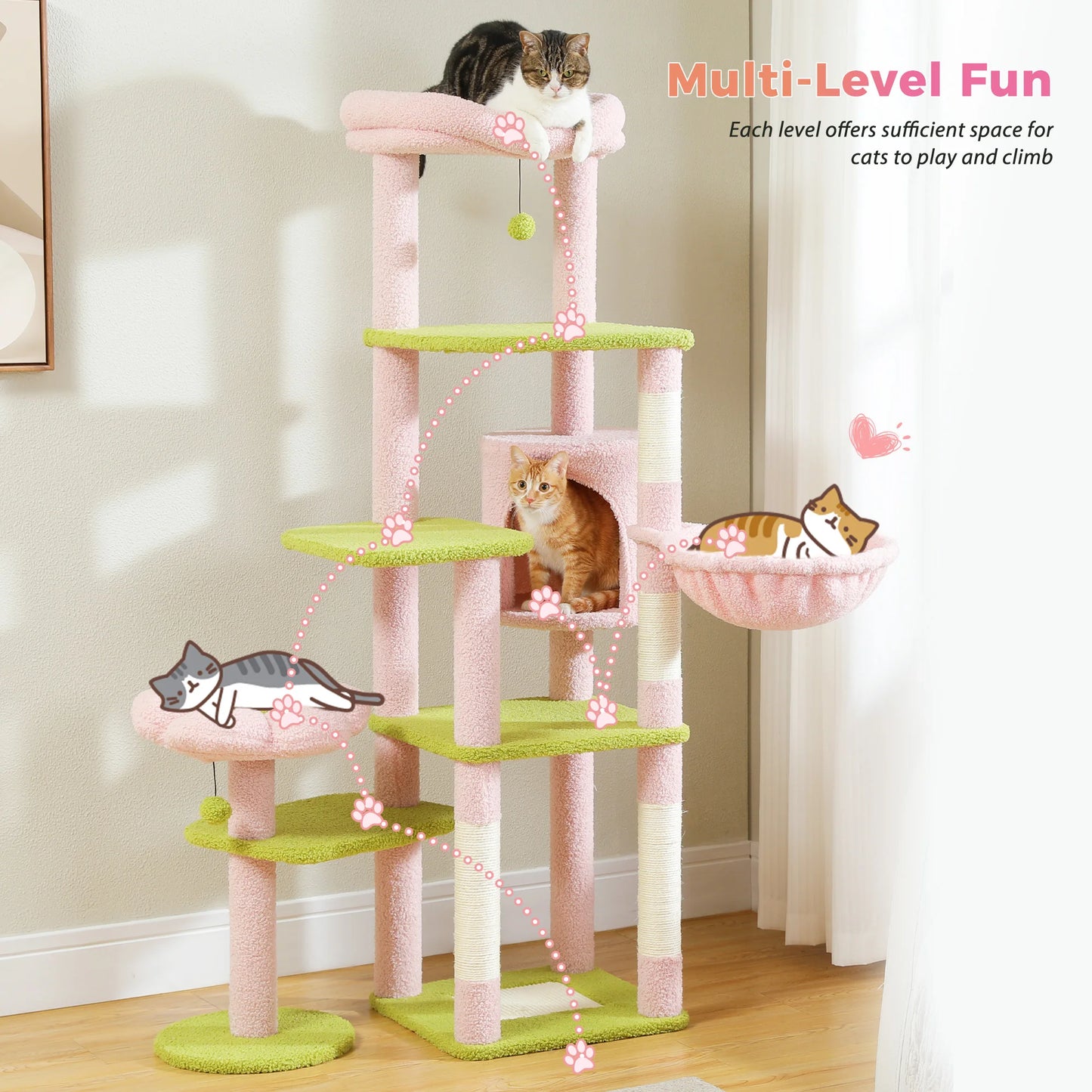 Multi-Level Cactus Cat Tree with Condo Hammock Scratching Post for Kitten Bed Cat Scrapers