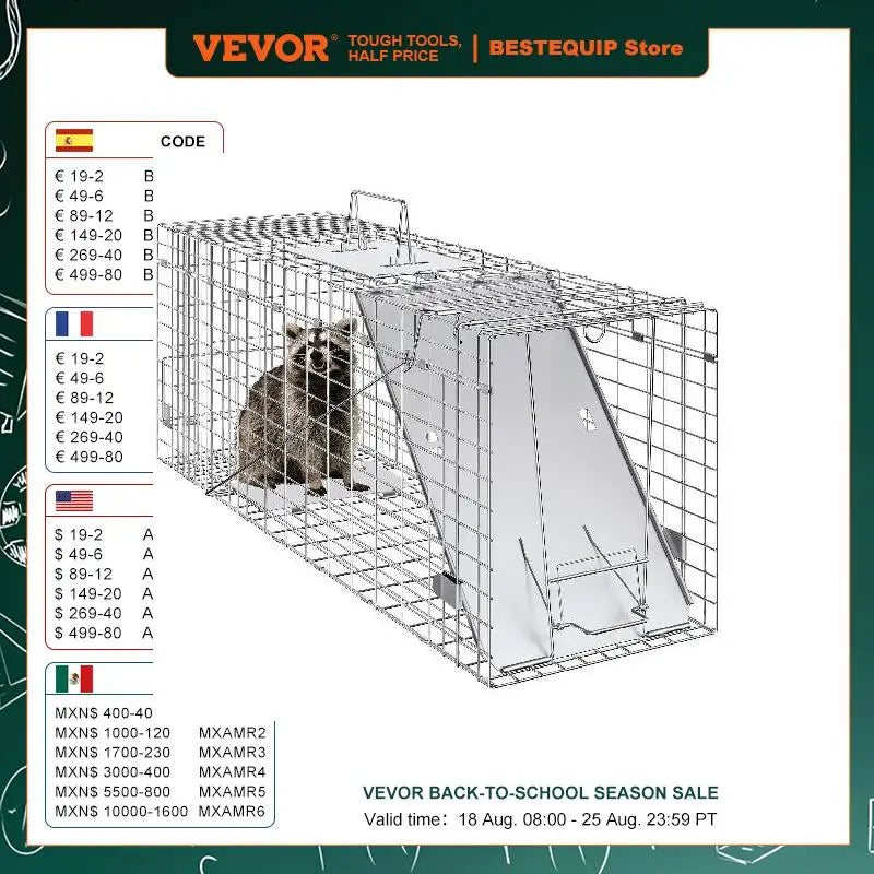 VEVOR 24/31/42/50in Live Animal Cage Trap Folding Humane Cat Trap Galvanized Iron with Handle for Rabbits Squirrels Groundhogs