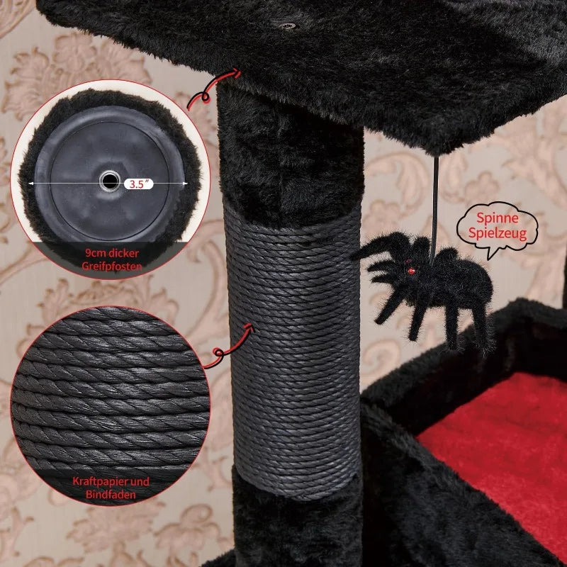 Gothic Cat Tree with Coffin Bed, 55" Multi-Level Cat Tower with Spacious Condo, Scratching Posts, Spider Hanging Ball, Halloween