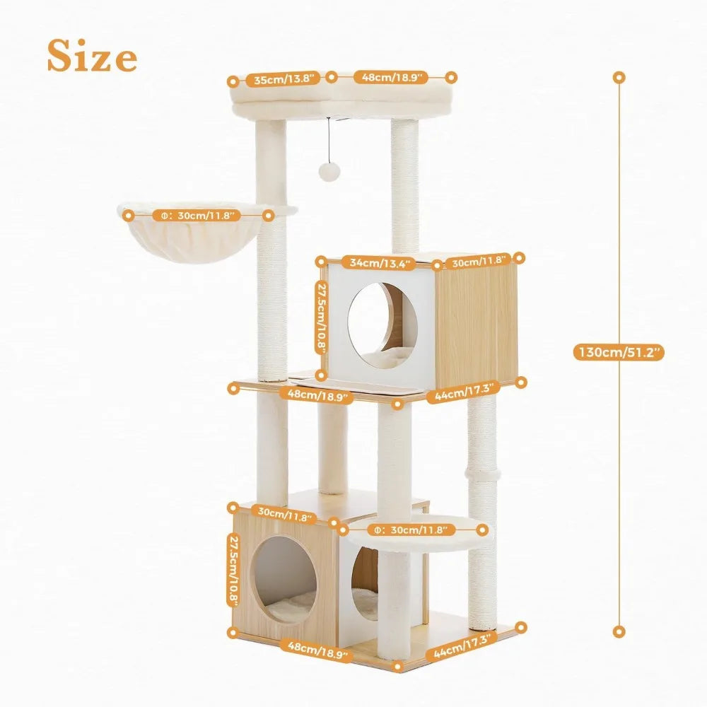 Large Cat Tree, 51 Inches Wooden Cat Tower with Double Condos, Large Perch,Soft Hammock