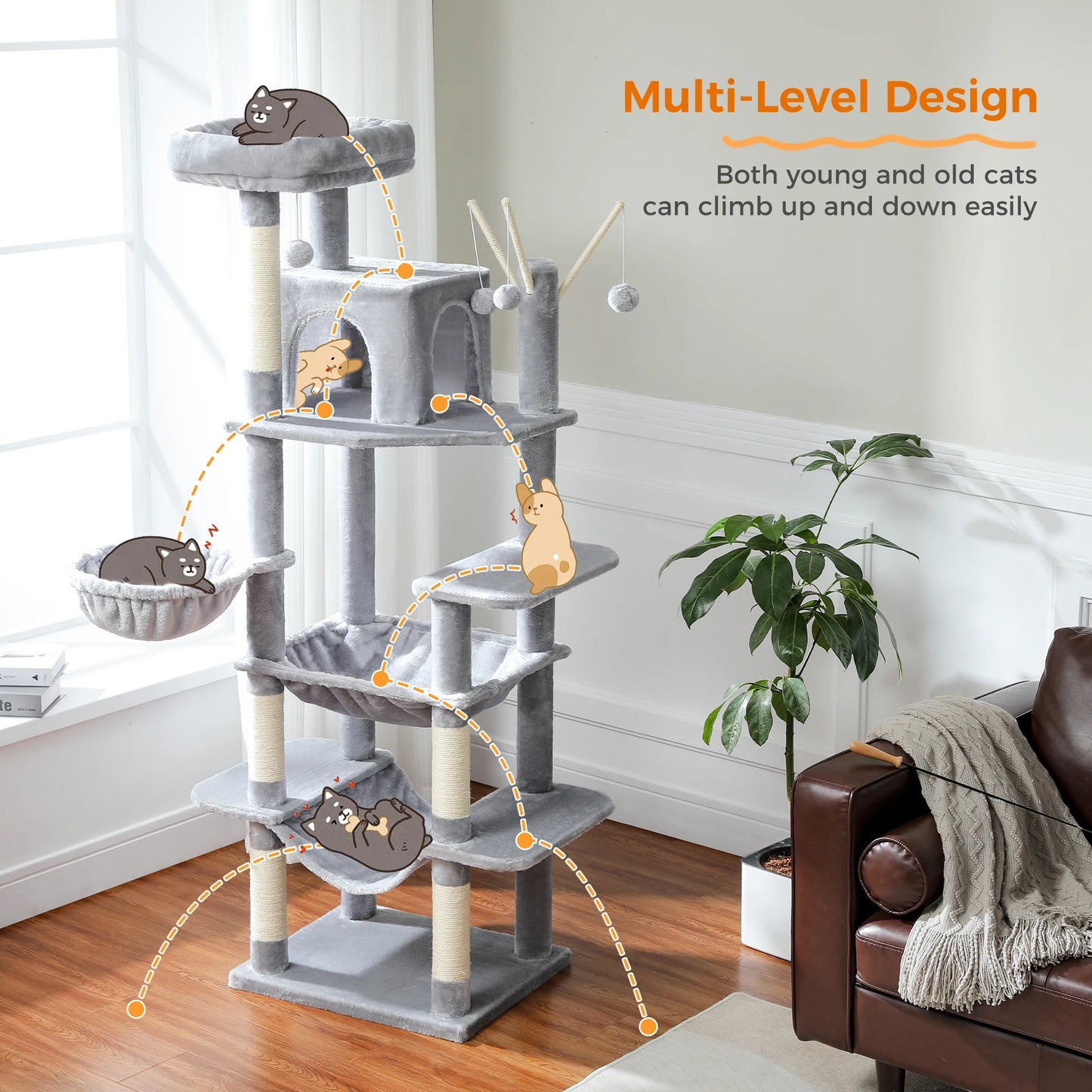 Large Multi-Level Cat Tree Tower with Scratching Posts, cozy Hammock, Condo House,