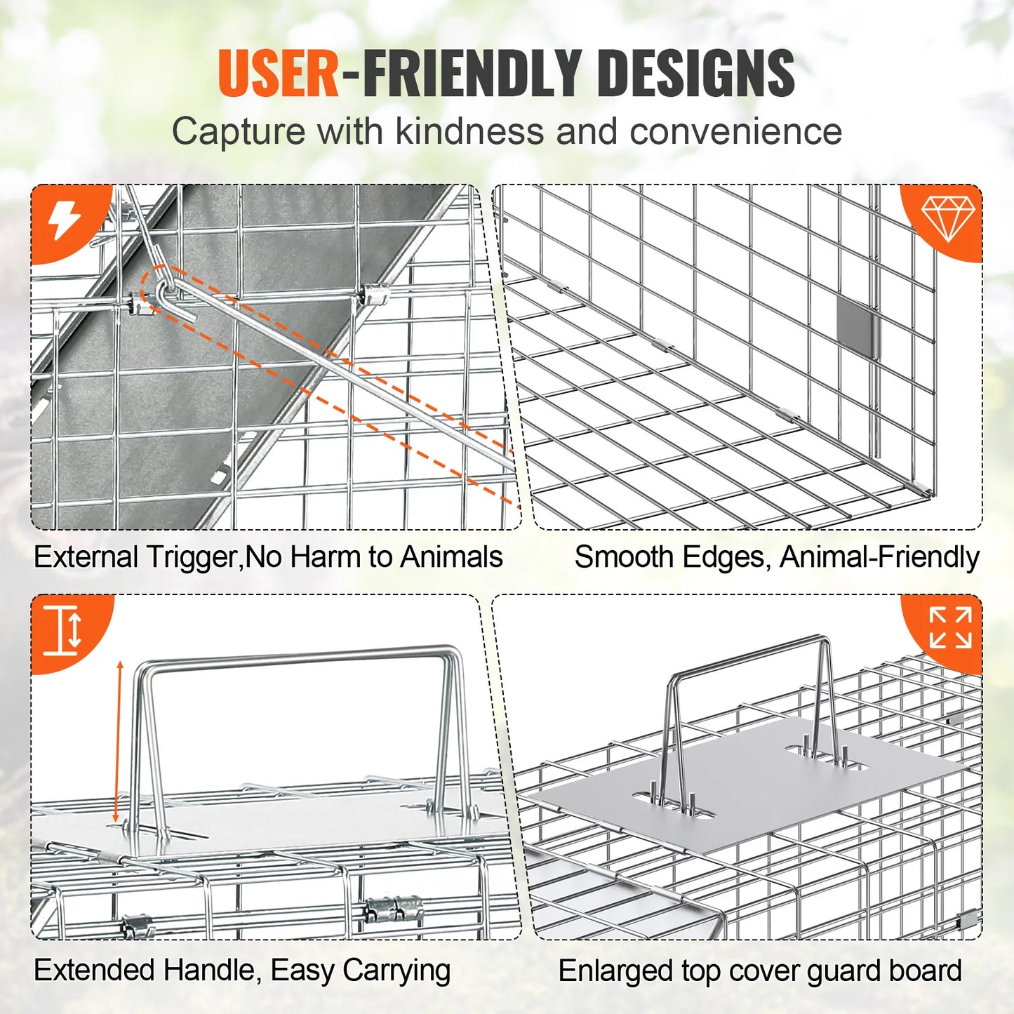 VEVOR 24/31/42/50in Live Animal Cage Trap Folding Humane Cat Trap Galvanized Iron with Handle for Rabbits Squirrels Groundhogs