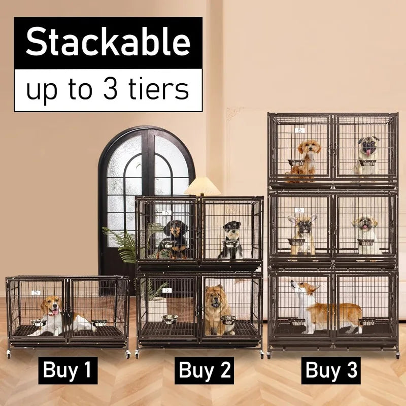 43 Open Top Stackable Heavy Duty Dog Cage w/Floor Grid Tray Divider Feeding Bowl ONE CAGE INCLUDED ONLY