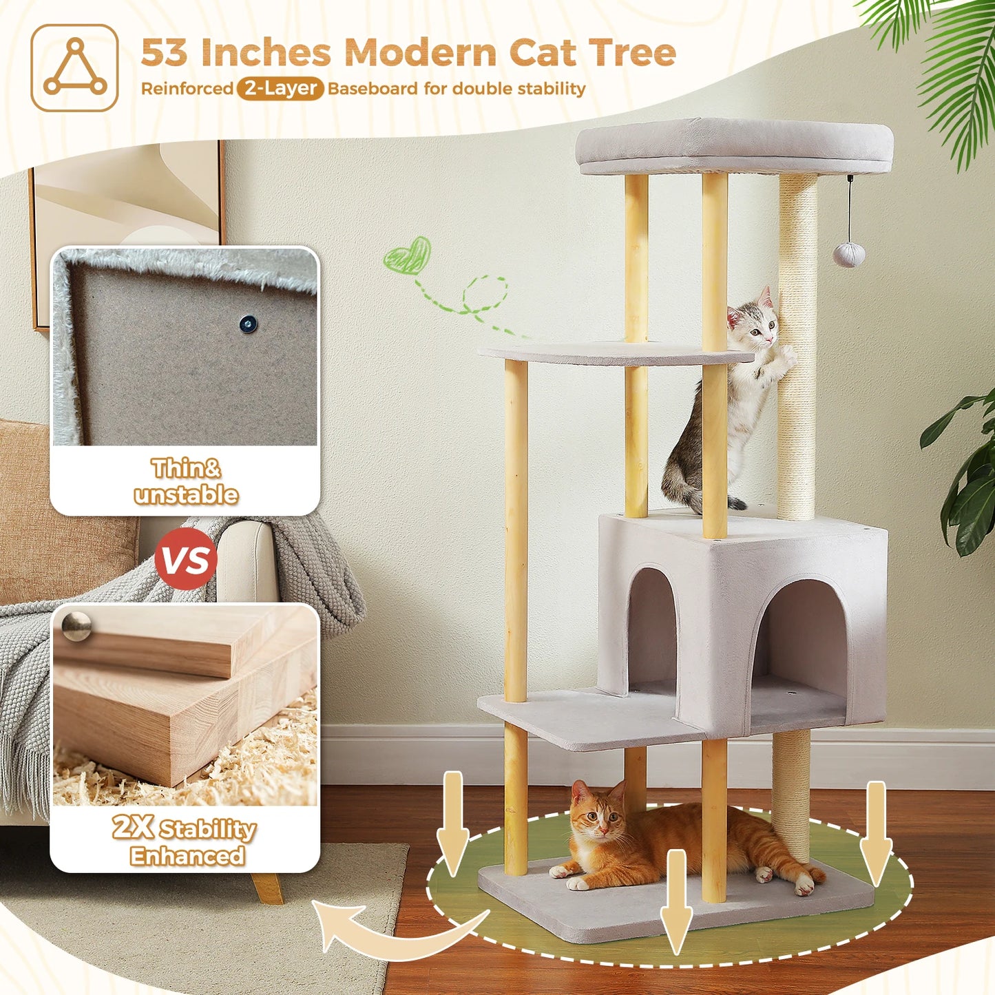 Large Cat Tree, 53 Inches Modern Wooden Cat Tower for Indoor Large Cats, Multi-Level Cat Condos with Long Scratching Posts