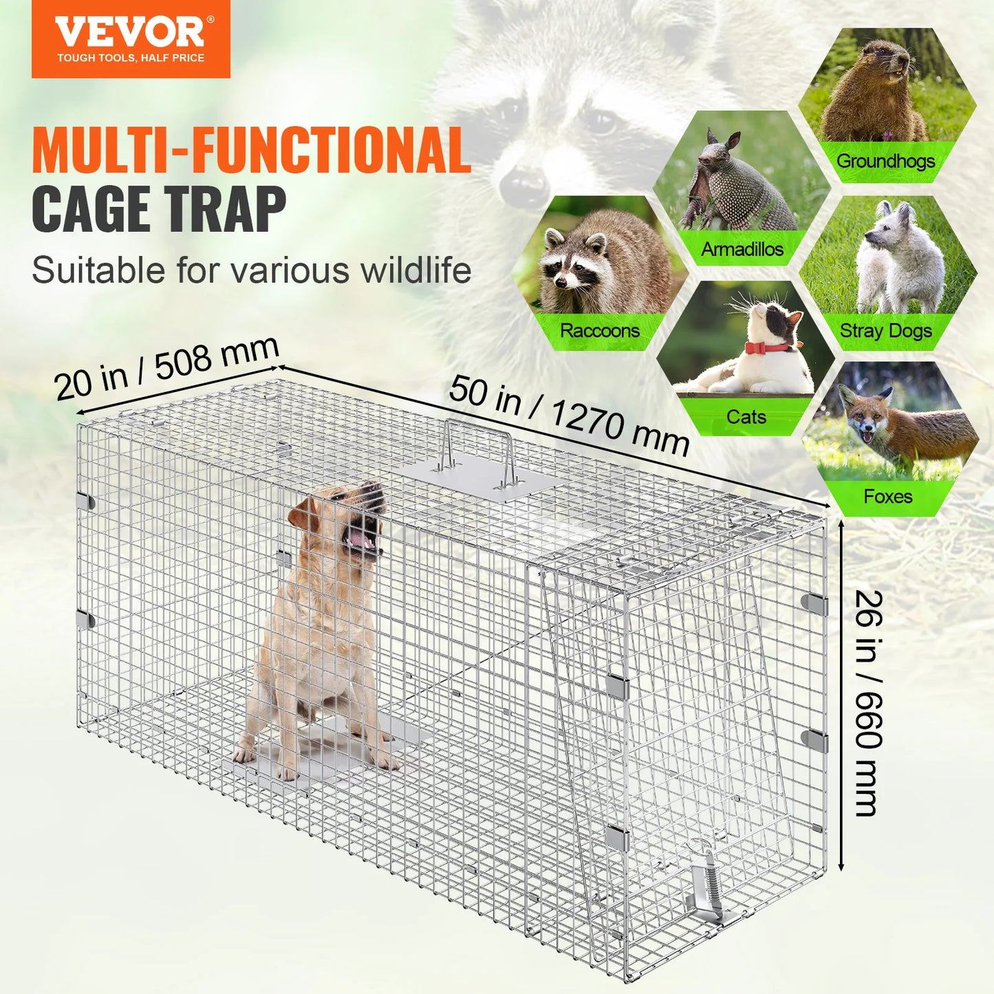 Live Animal Cage Trap Folding Humane Cat Trap Galvanized Iron with Handle for Rabbits Squirrels Groundhogs