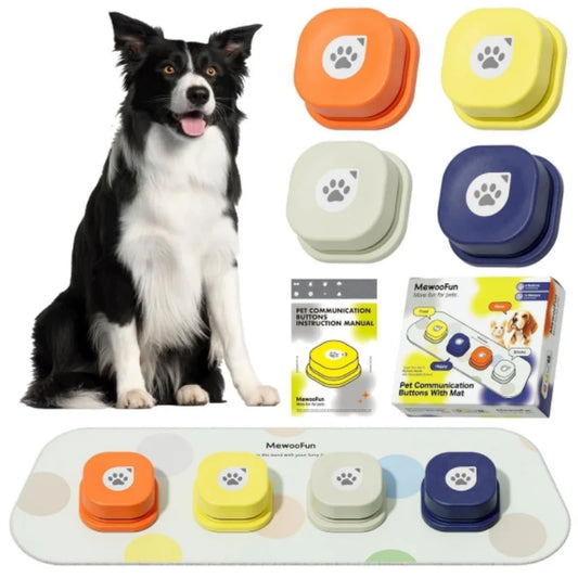 Mewoofun Dog Buttons for Communication 4 Pcs with Anti-Slip Mat Voice Recording Clicker with Training Manual for Cats Dogs
