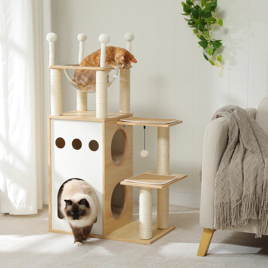 Modern Cat Tree Wooden Cat Tower with 2-Floor Condo Cat Furniture with Cat Scratching Posts Capsule Nest and Dangling Balls